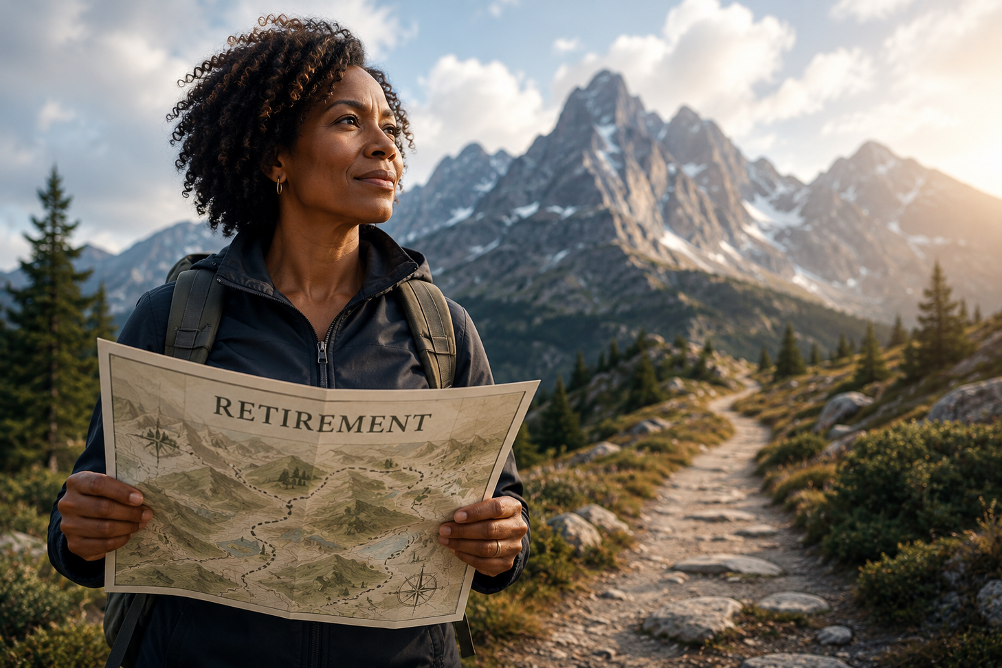 Black Woman retirement map journey trek, mountain